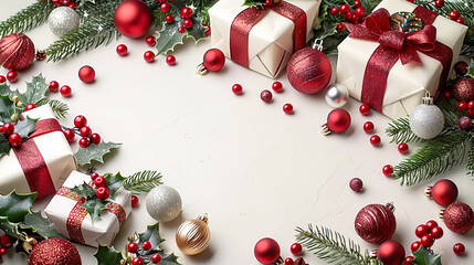 Festive Christmas Presents Gift Boxes and Ornaments on White  Copy Space Backdrop 