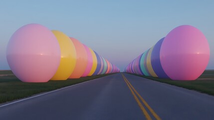 A Line of Colorful Easter Eggs Leading Down a Country Road at Sunset