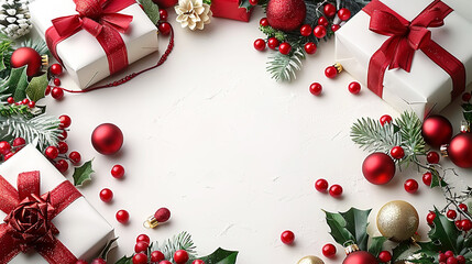 Festive Christmas Presents Gift Boxes and Ornaments on White  Copy Space Backdrop 