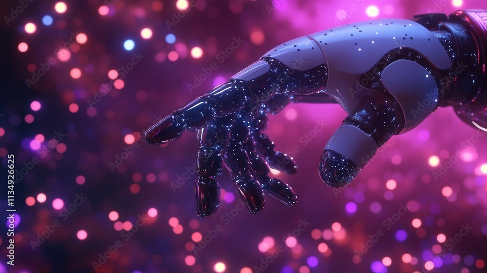Poster futuristic robotic hand reaching out with glowing particles symbolizing ai interaction and digital c