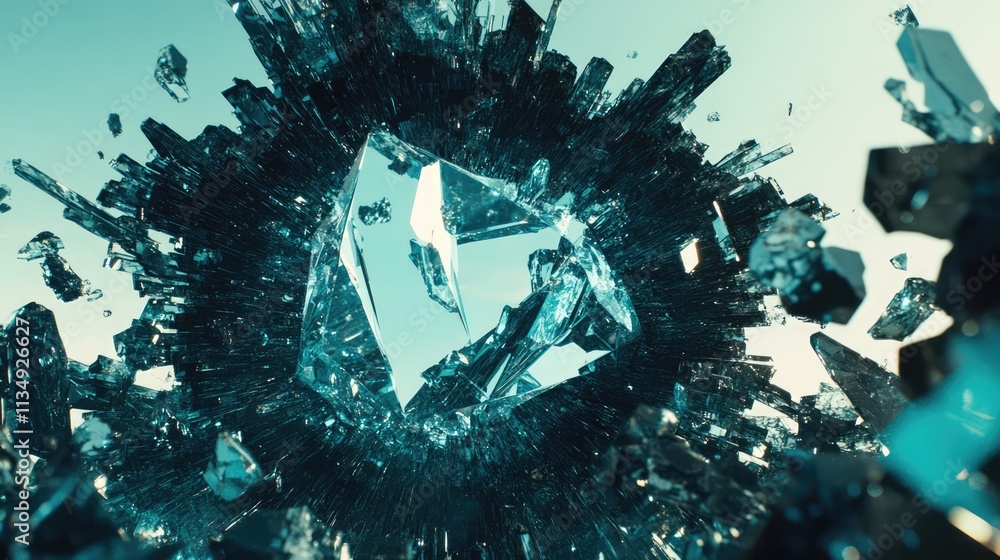 Poster abstract crystal formation with sharp edges and vibrant reflections showcasing intricate details and
