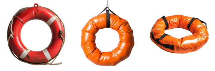 Bright orange life buoy hanging against on a transparent background