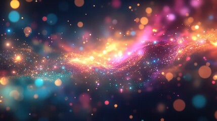 Obraz premium Abstract bokeh lights background with vibrant colorful orbs and sparkling stars creating a dreamy cosmic atmosphere for design projects.