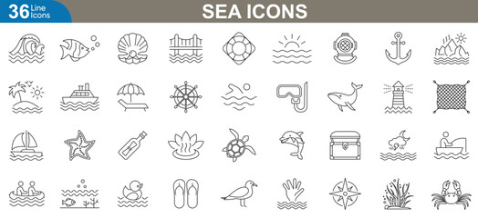 Sea outline icons set. Beach, anchor, ocean waves, nautical, underwater, boating, adventure, lighthouse and more. vector illustration