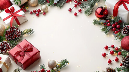Festive Christmas Presents Gift Boxes and Ornaments on White  Copy Space Backdrop 