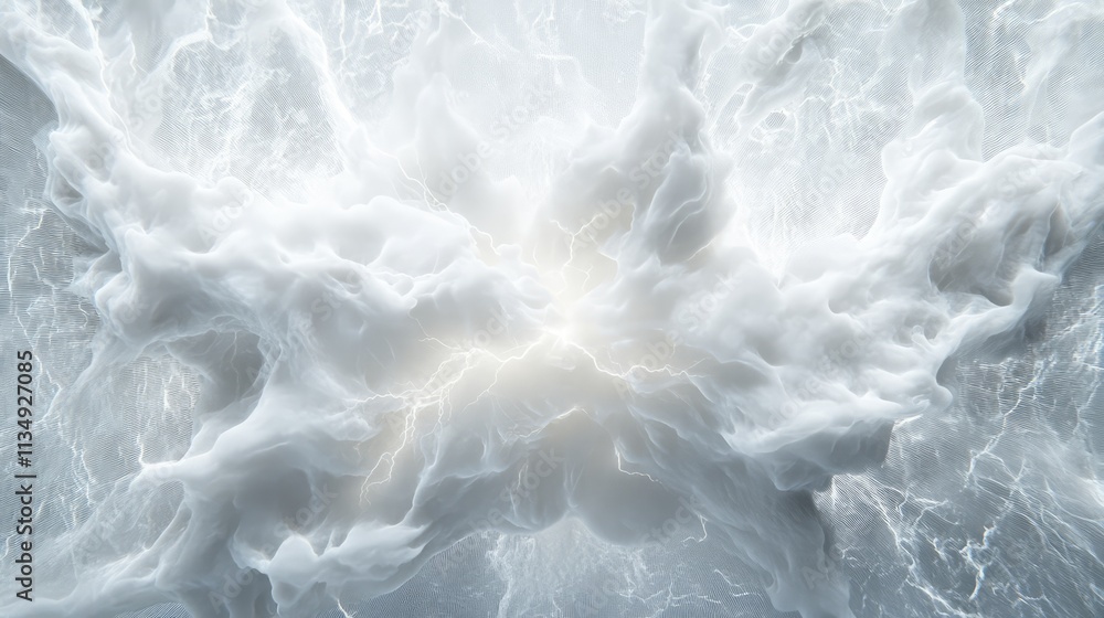 Poster dramatic close-up of swirling white clouds and lightning strikes against a soft grey background crea