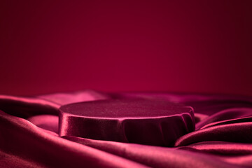 Satin cloth podium, product promotional display, red stage, elegant luxury platform for...