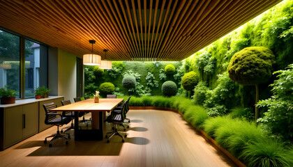 Fototapeta premium Biophilic Office Spaces with Verdant Moss Walls and Bamboo Ceilings