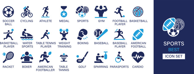 Sports icon set collection. Soccer ball, cycling, athlete, medal, sports, gym, football player, basketball, water sports, table tennis player, boxing, racket and best solid icon set.