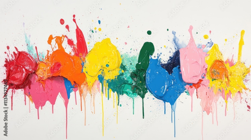 Poster vividly colored paint splashes and drips creating an abstract art background with various shapes on 