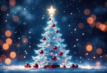A luminous blue Christmas tree adorned with red ornaments sits in snowy landscape, surrounded by warm bokeh lights and falling snow. Festive holiday atmosphere.