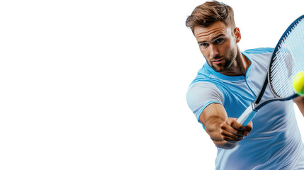 male tennis player swinging racket to hit ball, copy space, isolated, transparent, png, background