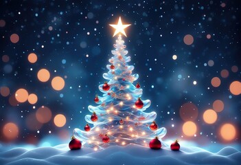 A luminous blue Christmas tree adorned with red ornaments sits in snowy landscape, surrounded by warm bokeh lights and falling snow. Festive holiday atmosphere.