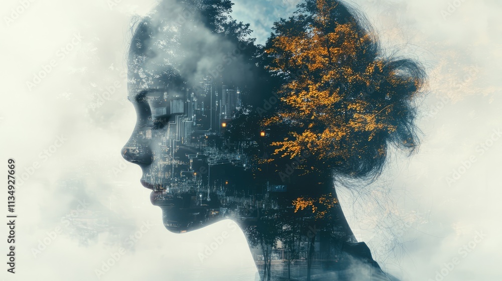 Poster ai and deep learning double exposure concept with profile silhouette and nature elements in backgrou