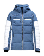 Ski jacket isolated on white, female blue and white color outwear, winter women puffer. © nys