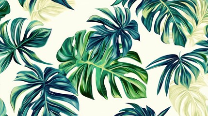 Tropical Monstera Leaves Pattern on Light Background for Interior Design and Botanical Themes