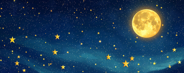 Bright Full Moon and Twinkle Stars in Dark Blue Night Sky Banner. Abstract image of brilliant full moon and glowing stars in the dark blue night sky for background, banner or poster. 