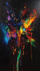 Fototapeta premium bright forms floating on black background Vibrant abstract painting, explosive colors