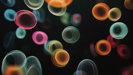 bright forms floating on black background Abstract colorful glowing circles on black