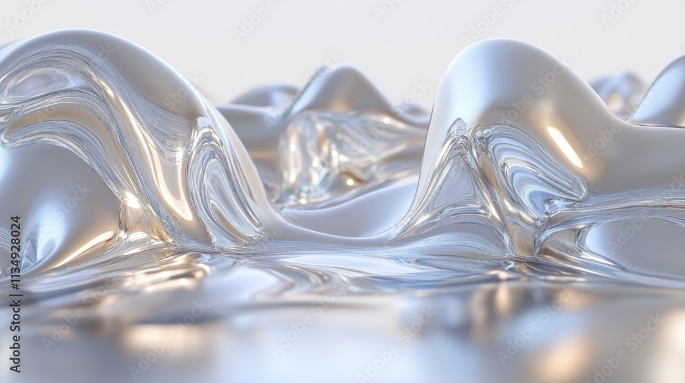 Poster reflective metallic surface with fluid dynamic waves in shades of silver and aluminum creating a mod