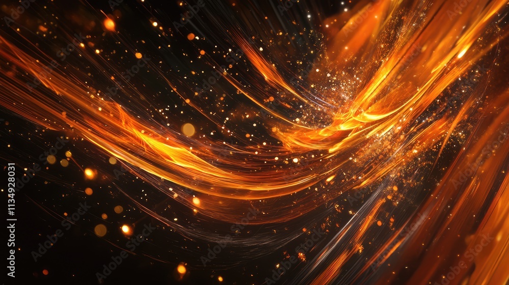 Poster vibrant orange and gold sparks swirling in motion against a dark background creating an energetic an