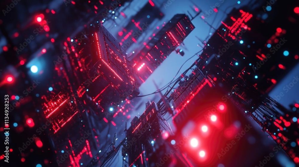 Poster abstract representation of network provider signal towers in red and white surrounded by a futuristi
