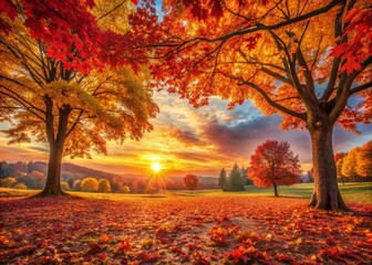 Fototapeta premium Embrace the Beauty of Fall Colors: A Captivating Landscape of Vibrant Autumn Foliage with Rich Reds, Oranges, and Yellows Illuminating the Forest Floor at Sunset