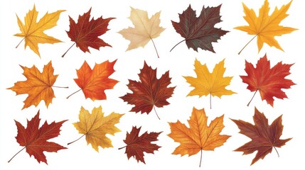 Fototapeta premium Colorful autumn leaves isolated on white background showcasing various shapes and vibrant colors for seasonal decoration and design.