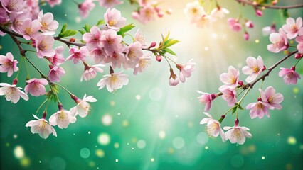 Fototapeta premium Delicate pink blossoms on a branch, bathed in soft sunlight, with a blurred green background and shimmering bokeh lights.