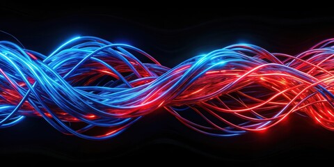 Vibrant red and blue intertwined strands glowing in the dark, bright, red, blue, strands, intertwine, eye-catching, glow