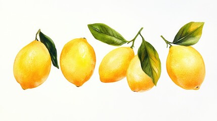 Fresh lemons with green leaves arranged artistically on a clean white background showcasing vibrant colors and textures.