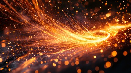 Obraz premium Detailed close-up of electric welding spot emitting high temperatures, vibrant sparks, and glowing molten particles, highlighting the intense energy and dynamic movement, industry, craftsmanship, tech