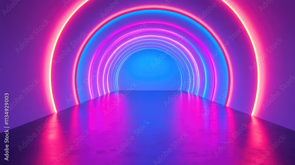 Poster neon light tunnel background for virtual studio or event space 3d illustration with vibrant colors a