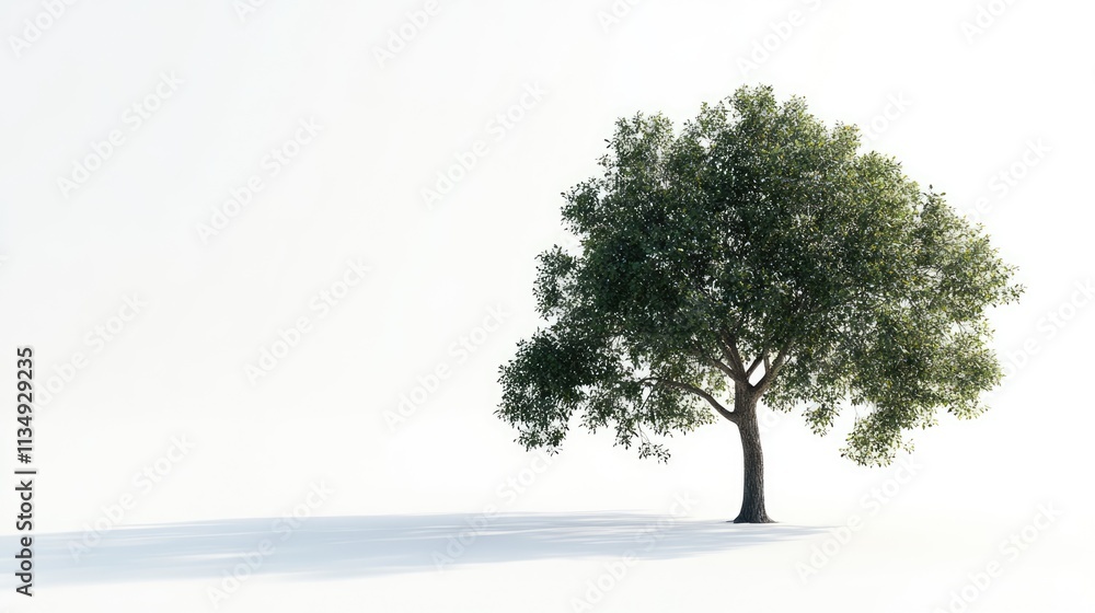 Poster lone summer oak tree isolated on white background with soft shadows creating a serene and minimalist