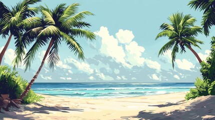 Lush palm trees framing a sandy tropical beach under bright blue skies with fluffy clouds and gentle ocean waves, summer paradise, travel, coastal landscape.