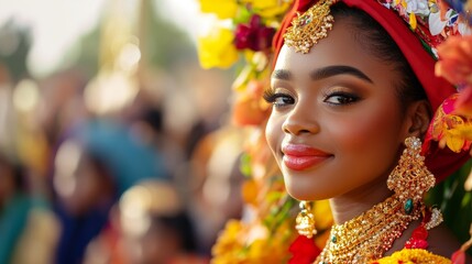 Fototapeta premium Radiant Beauty in Festive Attire - Vibrant portrait, cultural celebration, adorned woman, joyful expression, beautiful jewelry.