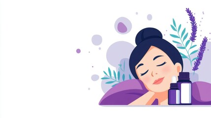 Relaxing Woman Enjoying Aromatherapy with Essential Oil Bottles