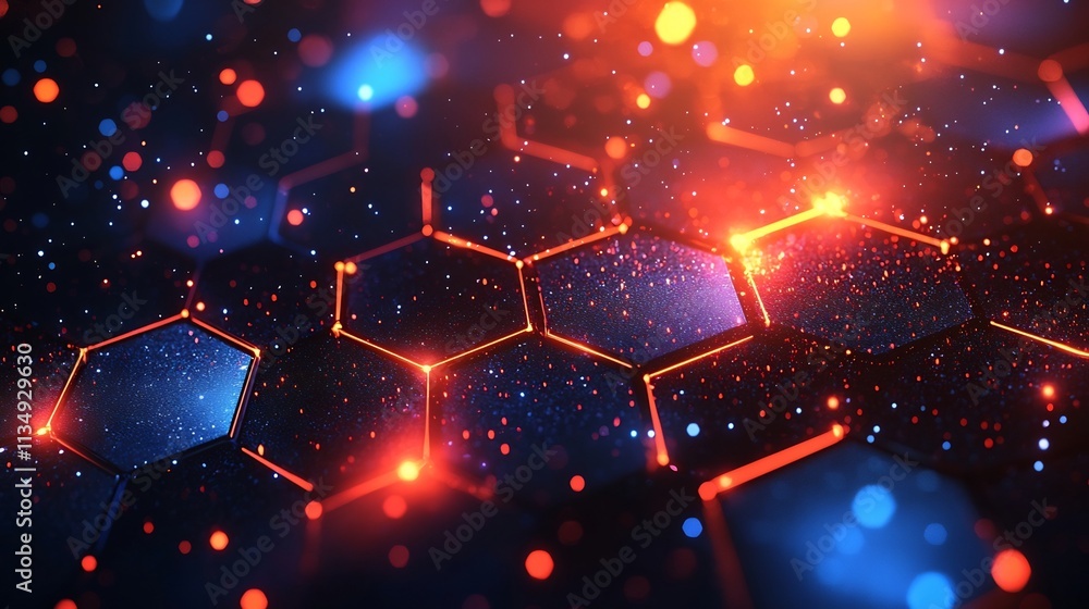 Poster vibrant hexagonal layers symbolizing futuristic innovation and complexity