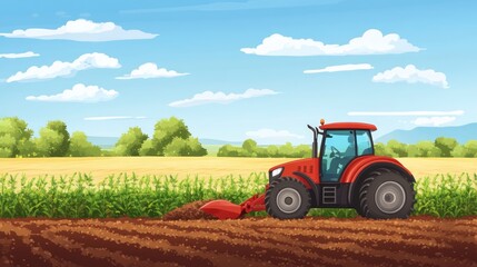 Obraz premium Tractor cultivating agricultural land with blue sky and lush greenery in background showcasing modern farming techniques and landscape beauty
