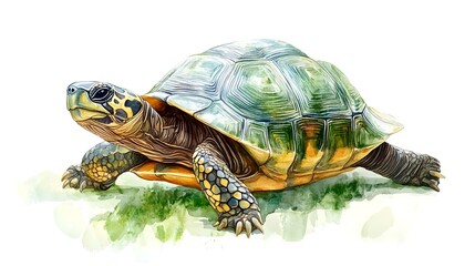 Obraz premium Vibrant Watercolor Illustration of a Turtle on a Subtle Background Illustrating Nature's Beauty and Unique Patterns for Wildlife Art Enthusiasts and Nature Lovers