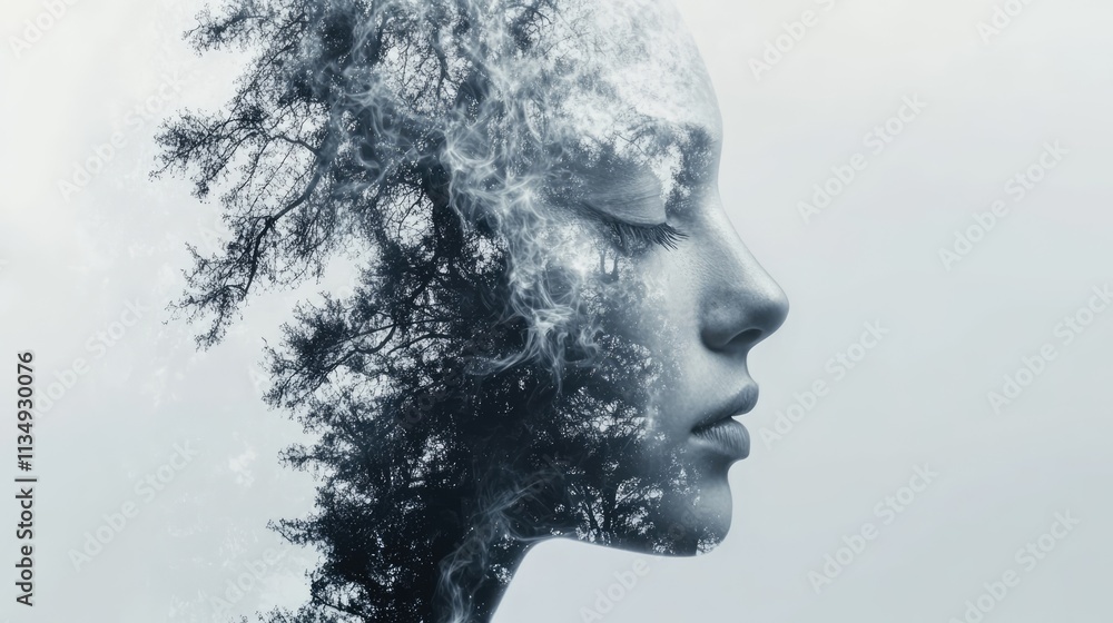 Poster double exposure portrait with nature elements representing ai and deep learning concepts in a serene