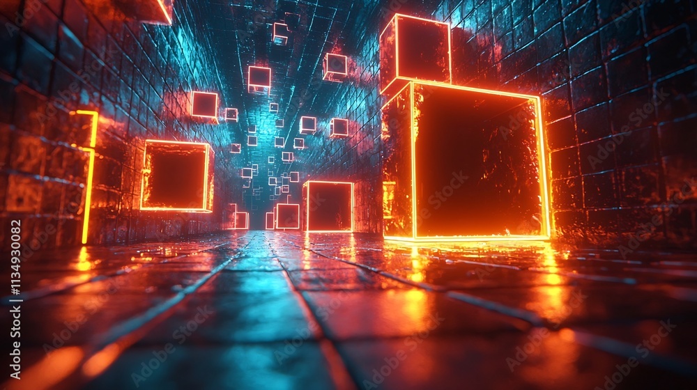 Poster glowing geometric grid of interlocking neon cubes generating a futuristic digital architectural conc