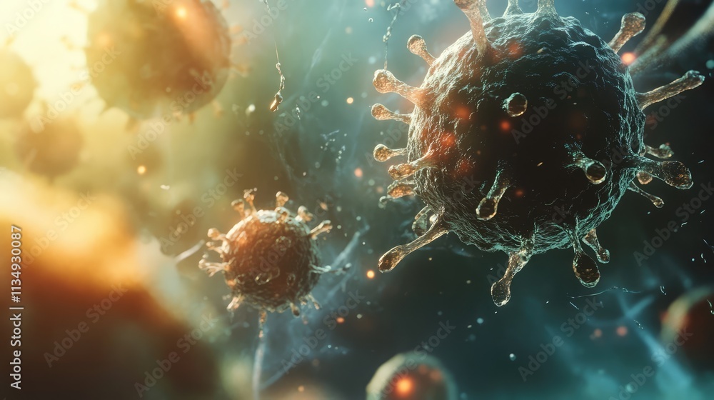 Poster microbial cells in a colorful abstract background with detailed texture and soft lighting effects fo