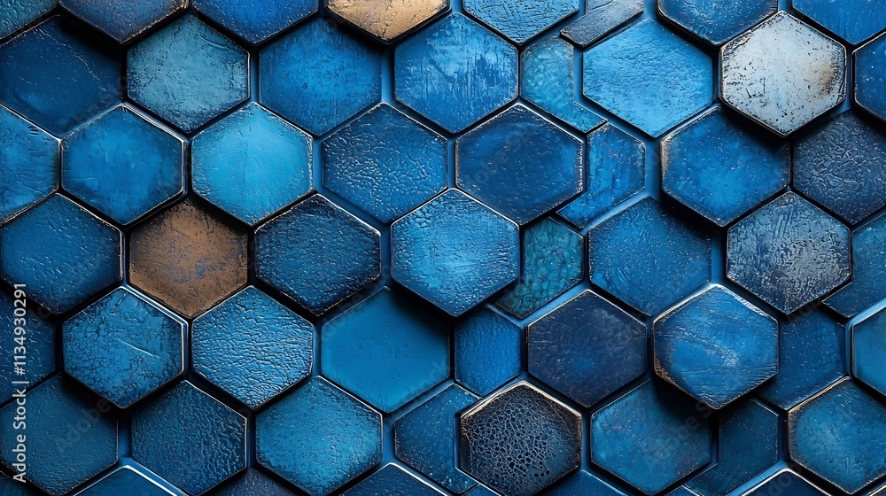 Poster symmetrical hexagon pattern in shades of blue forming futuristic abstract backdrop
