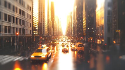 Fototapeta premium Urban Sunset Scene with Cars in a Busy City Street