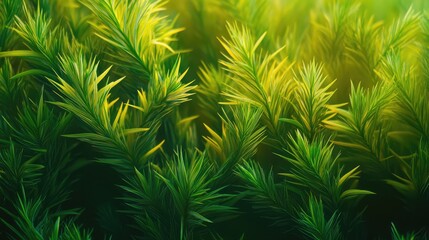 Fototapeta premium Abstract soft focus of vibrant green conifer leaves with sunlight filtering through, showcasing the lush foliage of a fir or pine tree.