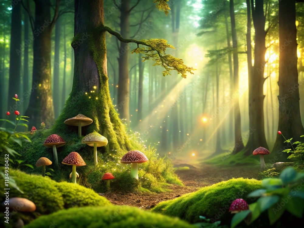 Poster enchanted forest light: a magical scene capturing ethereal illumination filtering through lush folia