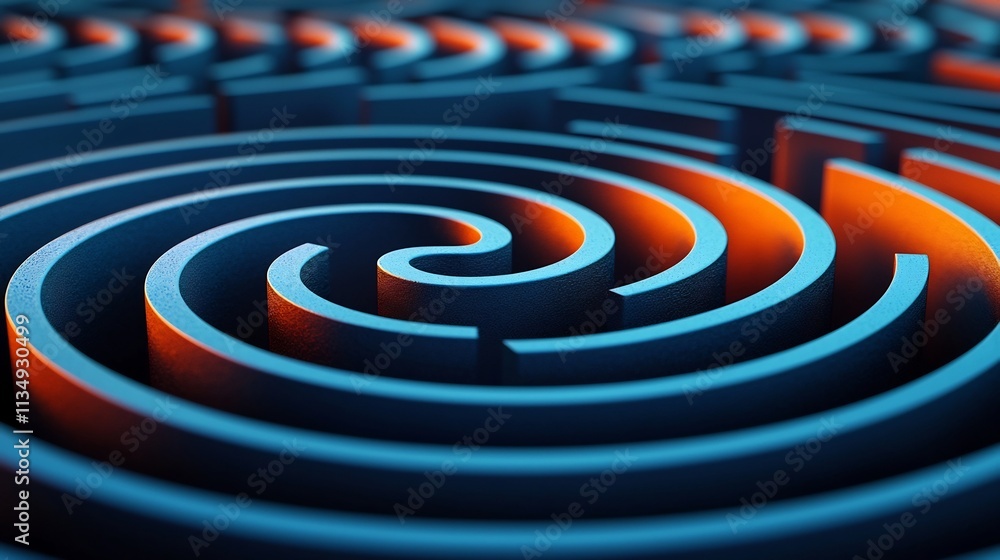 Poster abstract geometric spiral maze in metallic tones symbolizing complexity and innovation