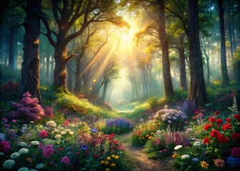 Obraz premium Enchanted Forest: A Vintage Style Photography Capture of a Magical Forest Setting Filled with Vibrant Flowers and Ethereal Light