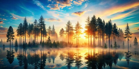 Obraz premium Enchanted Forest: A Serene Double Exposure of Majestic Tall Trees Merging with a Tranquil Skyline at Dusk, Capturing Nature's Beauty and Mystique in Harmony
